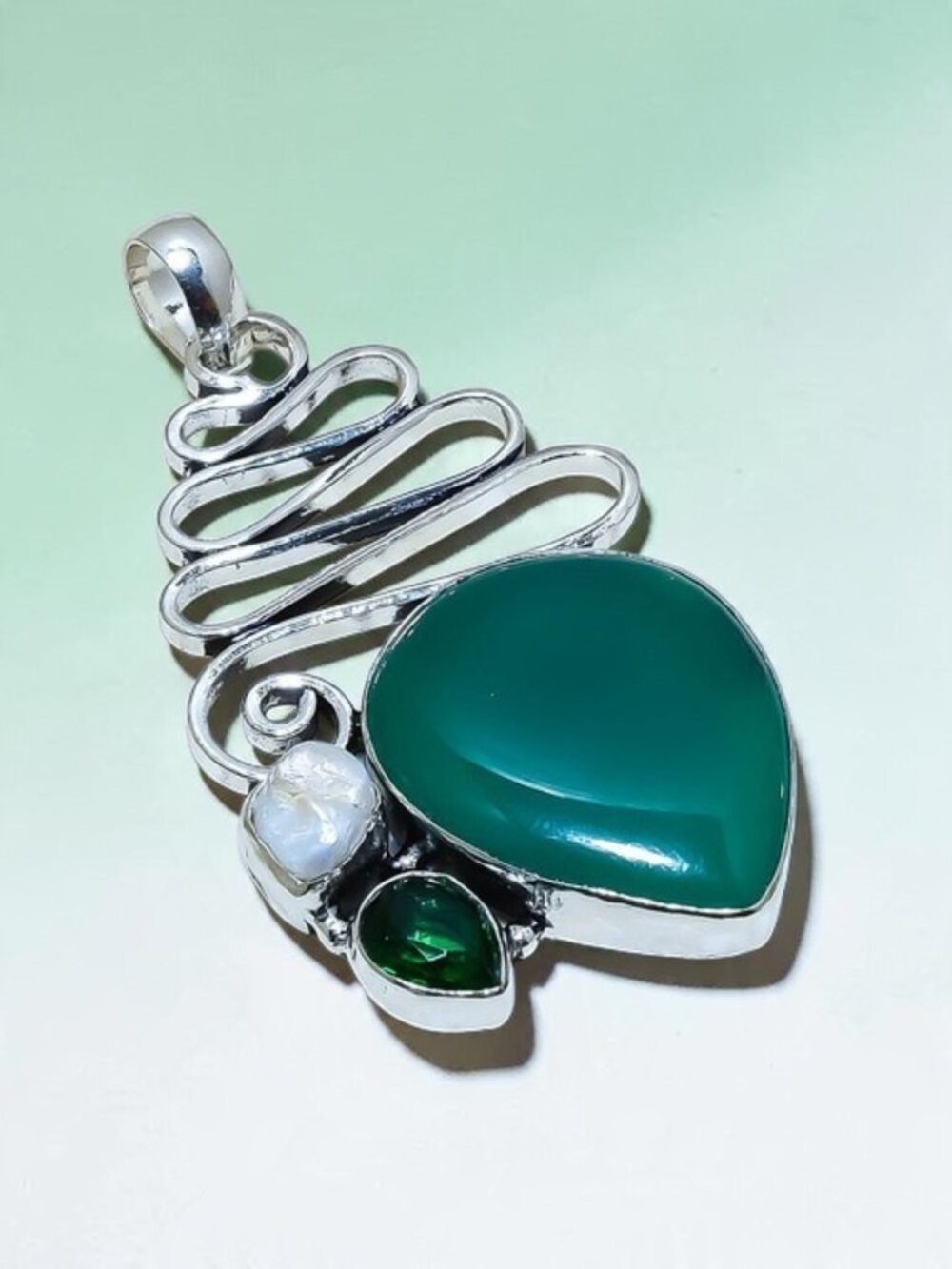 Green Onyx, Topaz and Biwa Pearl Gemstone Handmade Silver Pendant 2.6"